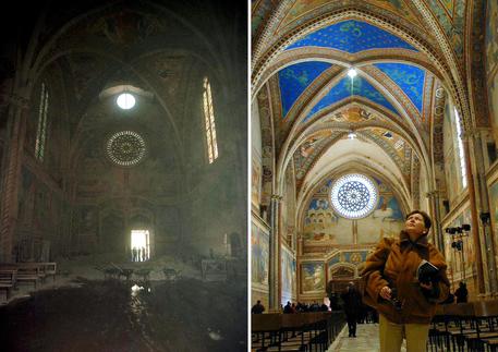 L'interno della Basilica di San Francesco ad Assisi danneggiata dal terremoto del 26  settembre 1997 (s) e come apparsa dopo il restauro in una foto del 5 aprile 2006 © ANSA