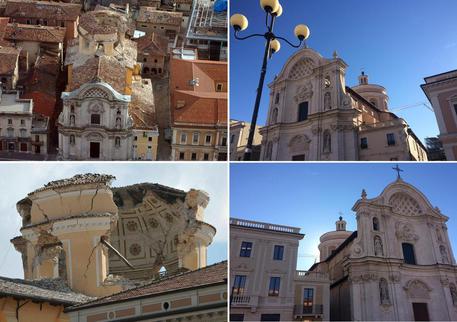 La Chiesa detta delle Anime Sante, in piazza Duomo a  L'Aquila nel 2009 e oggi © ANSA