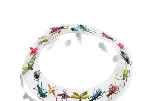 'Schiaparelli, by Jean Clment, Couture, Fall 1938. A Rhodoid necklace with embedded multicolored metal insects. sotheby