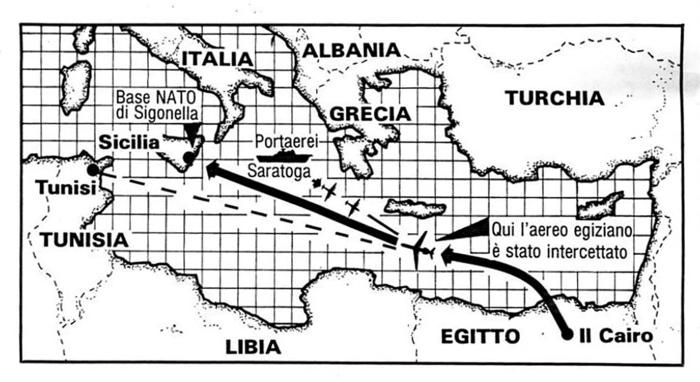 Nella cartina la ricostruzione del volo che avrebbe dovuto portare a Tunisi i quattro palestinesi  responsabili del sequestro dell'Achille Lauro, il 7 ottobre 1985 (foto: ANSA)
