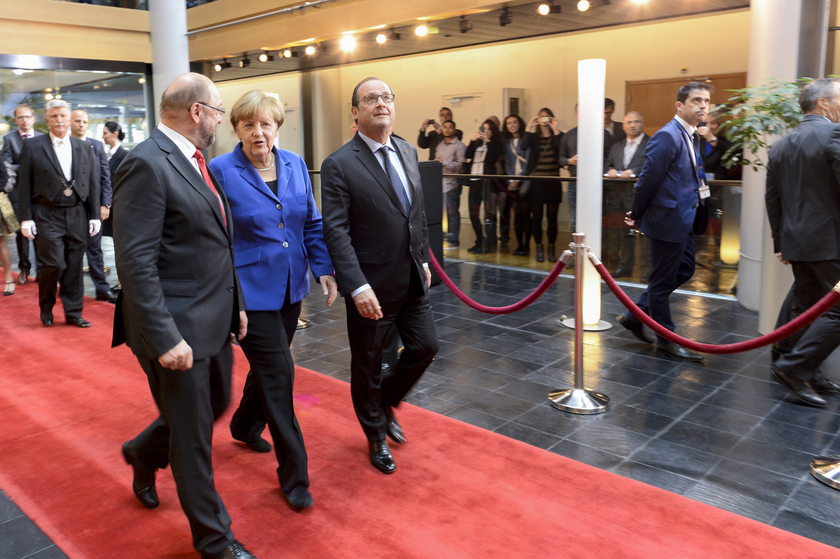 Martin Schulz, Angela Merkel e François Hollande © Parlamento Ue - RIPRODUZIONE RISERVATA