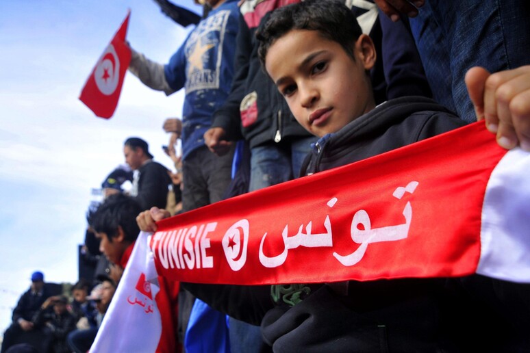 Un ragazzino tunisino con uno striscione con la scritta Tunisia in inglese e in arabo -     RIPRODUZIONE RISERVATA