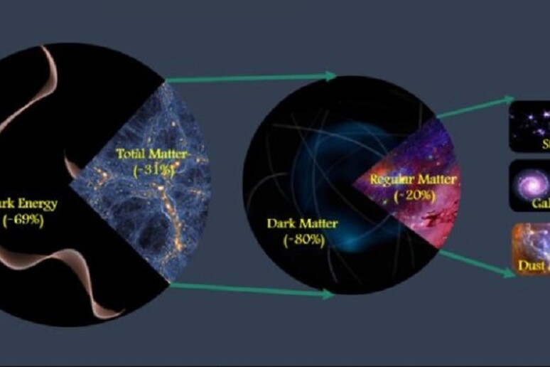 Rappresentazione grafica della quantità di materia presente nell 'universo, a condronto con energia oscura e materia oscura (fonte: Mohamed Abdullah, UC Riverside) - RIPRODUZIONE RISERVATA