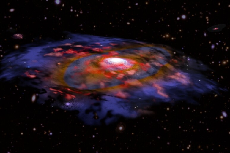 Raffigurazione di una galassia primordiale. Il colore rosso rappresenta il gas, il blu e marrone le numerose polveri. (fonte: B. Saxton Nrao/Aui/Nsf, Eso, Nasa/Stsci; Naoj/Subaru) - RIPRODUZIONE RISERVATA