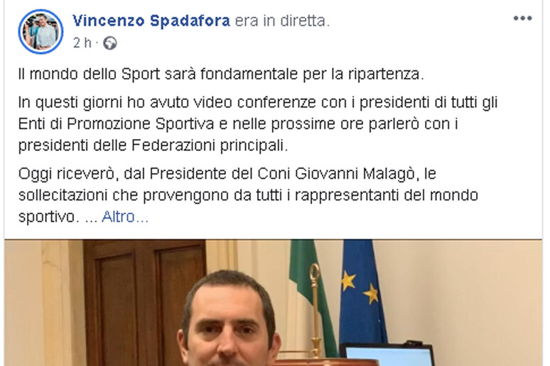 Il ministro Spadafora su Facebook - RIPRODUZIONE RISERVATA
