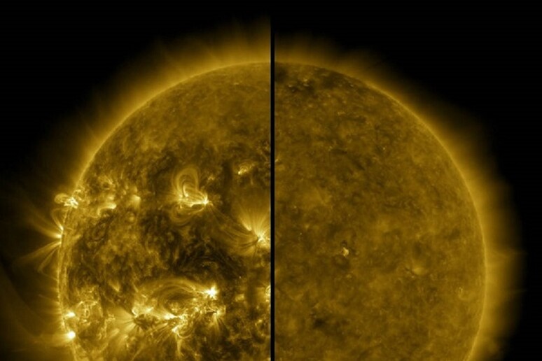 A sinistra il Sole durante il massimo solare (aprile 2014), a destra il Sole durante il minimo solare (dicembre 2019) (fonte: NASA / SDO) - RIPRODUZIONE RISERVATA