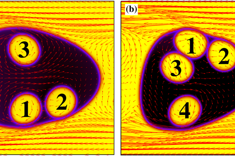 Rappresentazione grafica di emulsioni contenti 3 e 4 gocce, il cui moto è guidato da vortici di fluido prodotti all’interno della goccia più grande (fonte: IIT-CNR-IAC) - RIPRODUZIONE RISERVATA