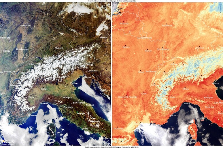L 'Europa centrale avvampata dal caldo anomalo di fine febbraio (fonte: Unione Europea, Copernicus Sentinel-3) - RIPRODUZIONE RISERVATA