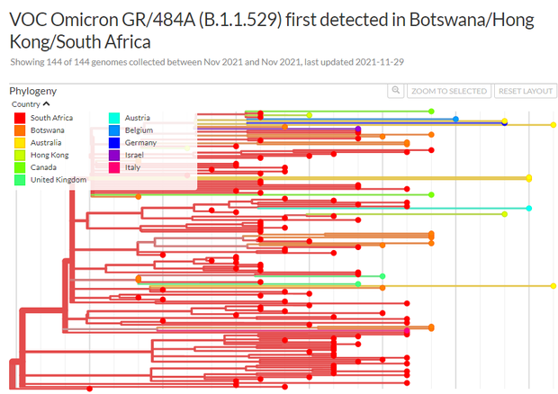 Mappa delle sequenze genetiche della variante Omicron finora registrate nella banca dati internazionale Gisaid (fonte: GISAID) © Ansa