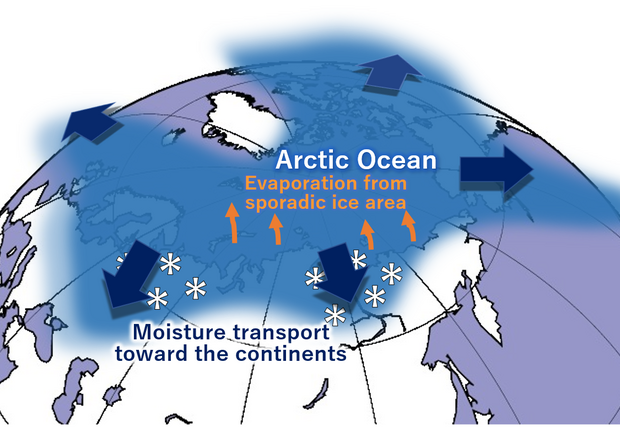 La maggiore quantità di acqua che evapora dall’Oceano Artico a causa del riscaldamento climatico finisce più a Sud, aumentando le nevicate su Europa e Asia settentrionali (Fonte: Tomonori Sato) © Ansa