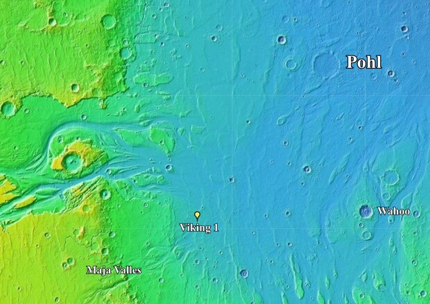Mappa della Chryse Planitia. Sono indicate le posizioni di Maja Valles, del lander del Viking 1 e del cratere Pohl (fonte: NASA/JPL/GSFC) © Ansa