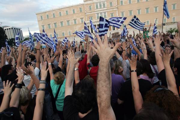 Citizens protest against austerity measures in Syntagma Square, Athens