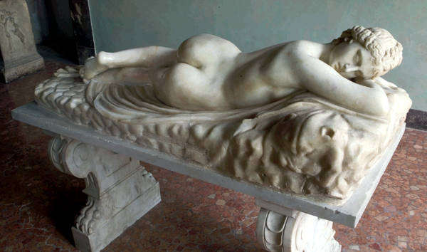 A sculpture of Sleeping Hermaphroditus, Roman art from the first-second century A.D., in the Uffizi Gallery in Florence