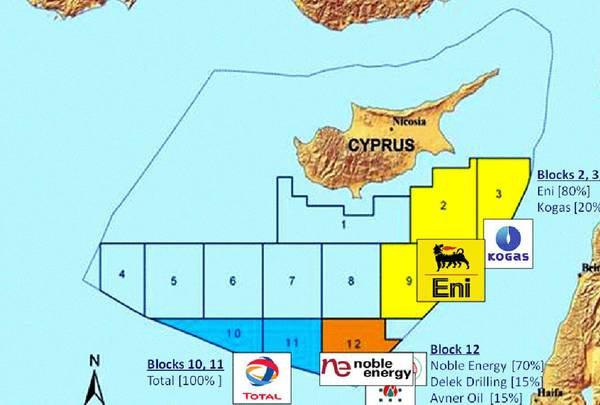 Mappa delle esplorazioni di idrocarburi nella Zona Economica esclusiva di Cipro