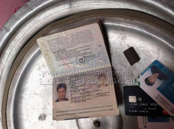 The ID documents of Giulio Regeni that were allegedly found in a house by Egyptian police