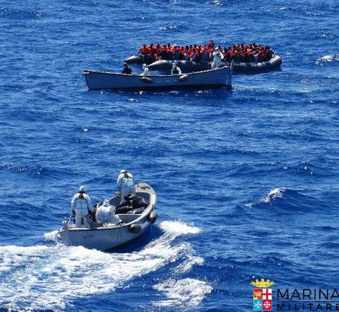 A rescue operation of a boat with migrants in the Sicilian Channel today