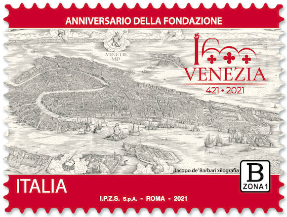 Il francobollo emesso per i 1.600 anni di Venezia