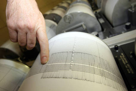 Un geologo dell'Istituto nazionale di geofisica e vulcanologia indica l'evoluzione di un terremoto, archivio © ANSA 