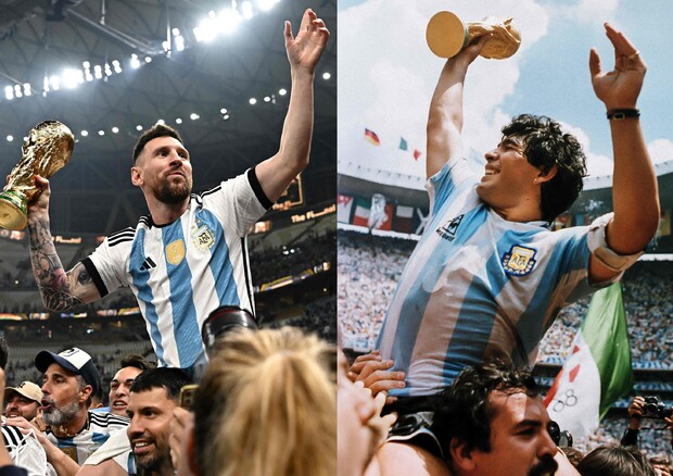 Leo Messi e Diego Armando Maradona festeggiano per la Coppa del Mondo (ANSA)