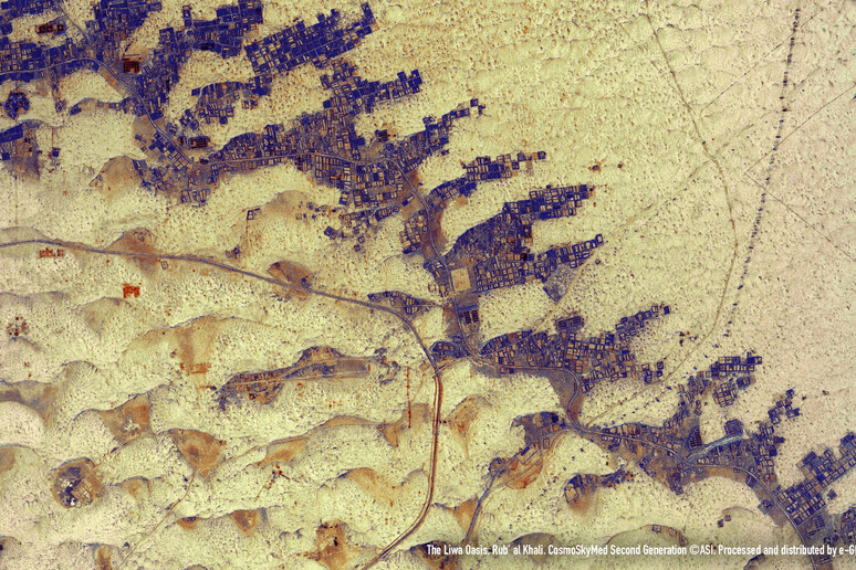 L 'oasi  di Liwa nell 'immagine del satellite Cosmo-Skymed di seconda generazione (fonte: COSMO-SkyMed ASI, processed and distributed by e-GEOS) - RIPRODUZIONE RISERVATA