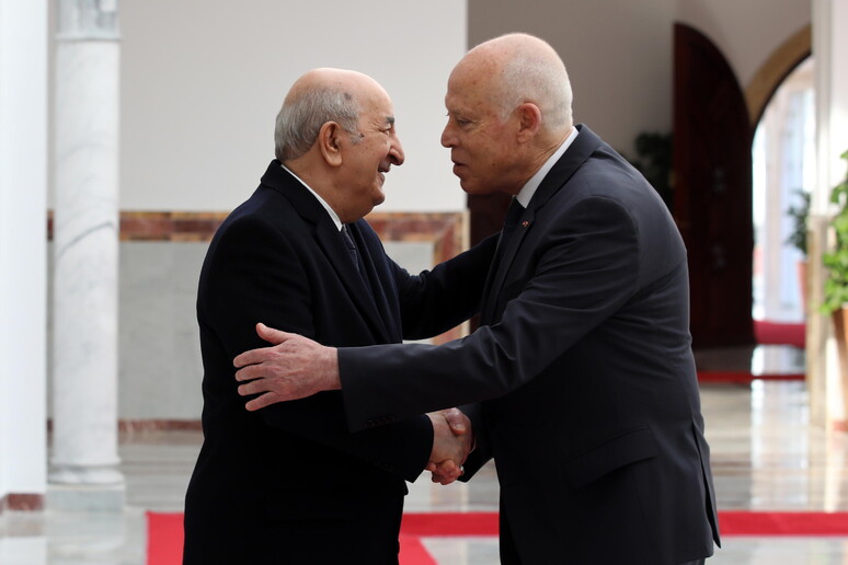 Il presidente tunisino Kais Saied (d) accoglie il suo omologo algerino Abdelmadjid Tebboune a Tunisi © ANSA/EPA