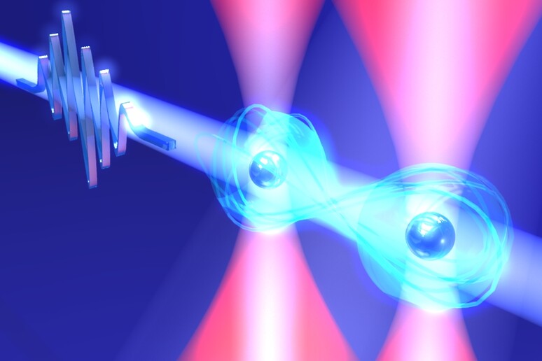 Rappresentazione artistica di due atomi di rubidio raffreddati quasi fino allo zero assoluto e manipolati con un impulso di luce laser di 10 picosecondi (fonte: Dr. Takafumi Tomita/IMS) - RIPRODUZIONE RISERVATA